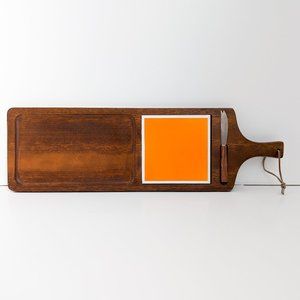 Vintage Wood Charcuterie Board with Orange Tile and Knife Made in Japan
